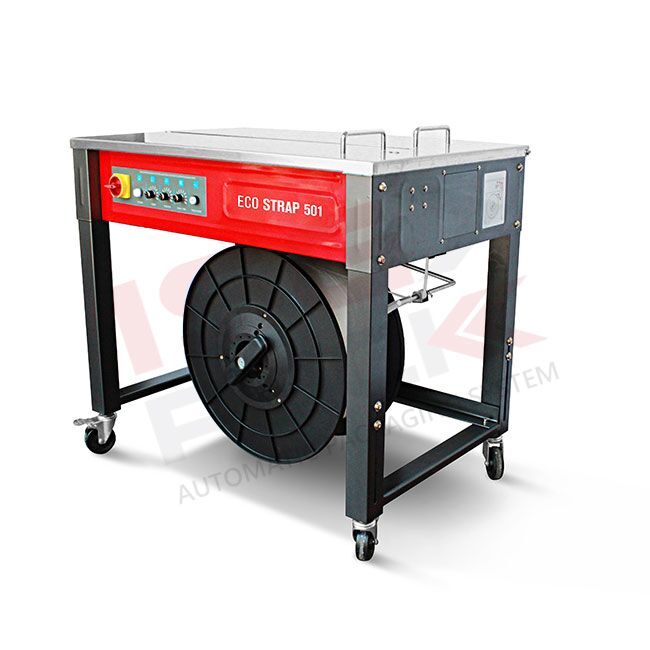 1 - reggiatrici-semiautomatiche-per-colli-e-pallet Półautomatyczna wiązarka bandownica do spinania taśmą PP ECO STRAP 501